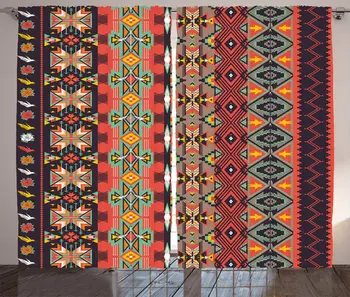 

Ethnic Curtains Folk Pattern with Geometric Old Effects and Tones Culture Print Living Room Bedroom Window Drapes Red Aqua