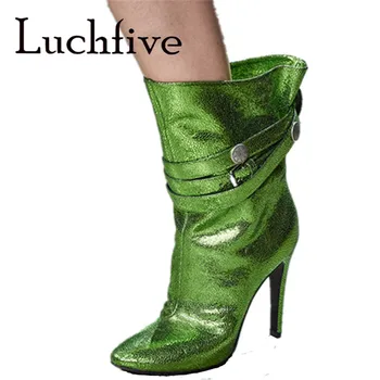 

Runway Style Ankle Boots Metallic Leather Green Gold Silver High Heel Boots Formal Party Shoes Women Pointed Toe Chelsea Boots