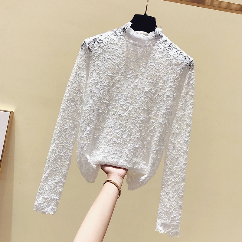 

2020 Spring New Half-Turtle-Neck Slim-Fit Temperament Lace Shirt Women's Sexy Hollow Lace Blouse Long-Sleeve Top Blouses