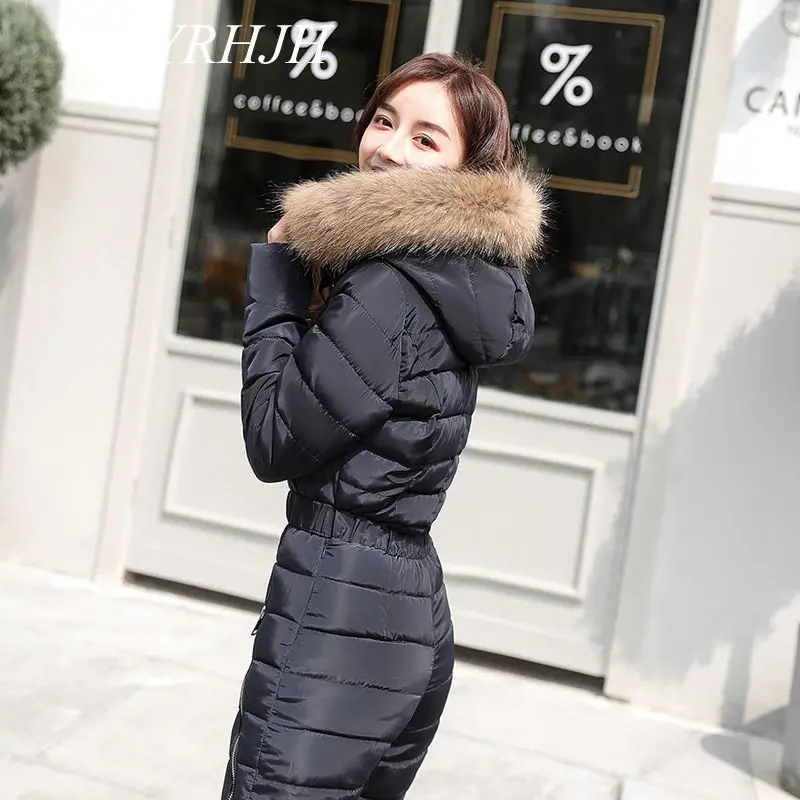 down jacket suit women piece thick coat winter fashion one-piece suits waist slim ski women parka