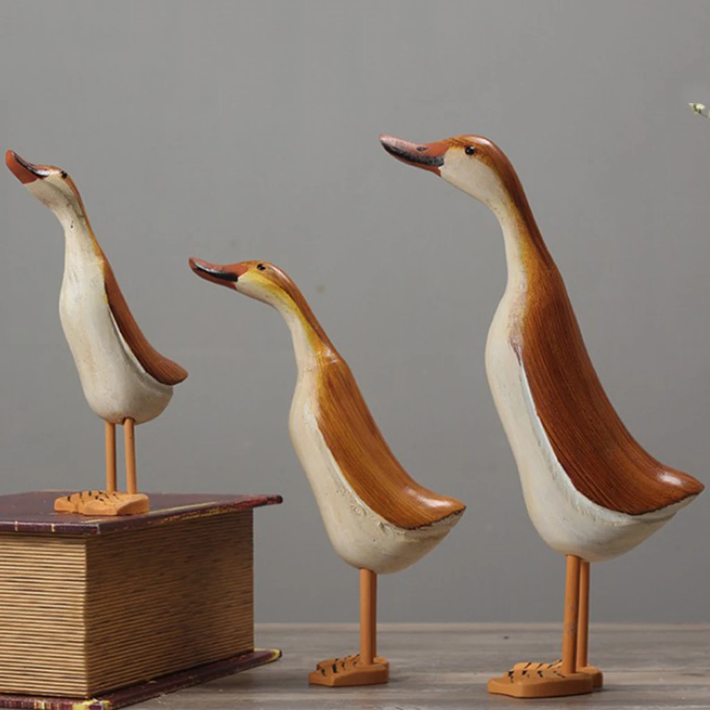 Duck Statues Figurines Set of 3, Wooden Painted Handmade Crafts for Garden