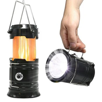 

3-in-1 Camping Lantern Solar Power 2 LED Light Source Poweful Portable Outdoor Tent Light Lamp LED Flame Lantern Flashlights