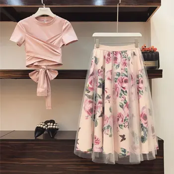 

HIGH QUALITY Women Irregular T Shirt+Mesh Skirts Suits Bowknot Solid Tops Vintage Floral Skirt Sets Elegant Woman Two Piece Set