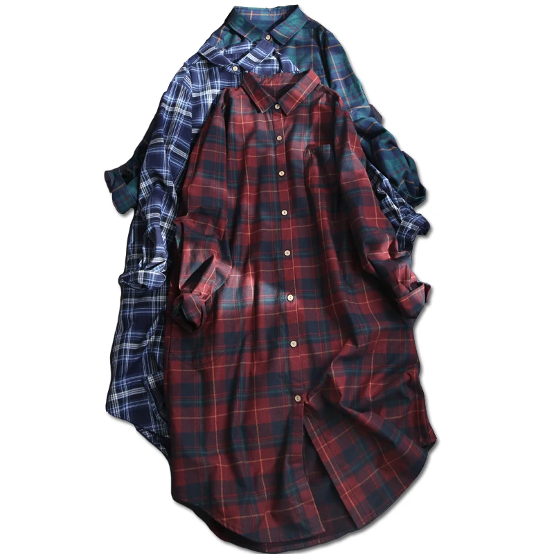 Spring Autumn Women literary loose plaid linen shirt female casual New style long-sleeved shirt