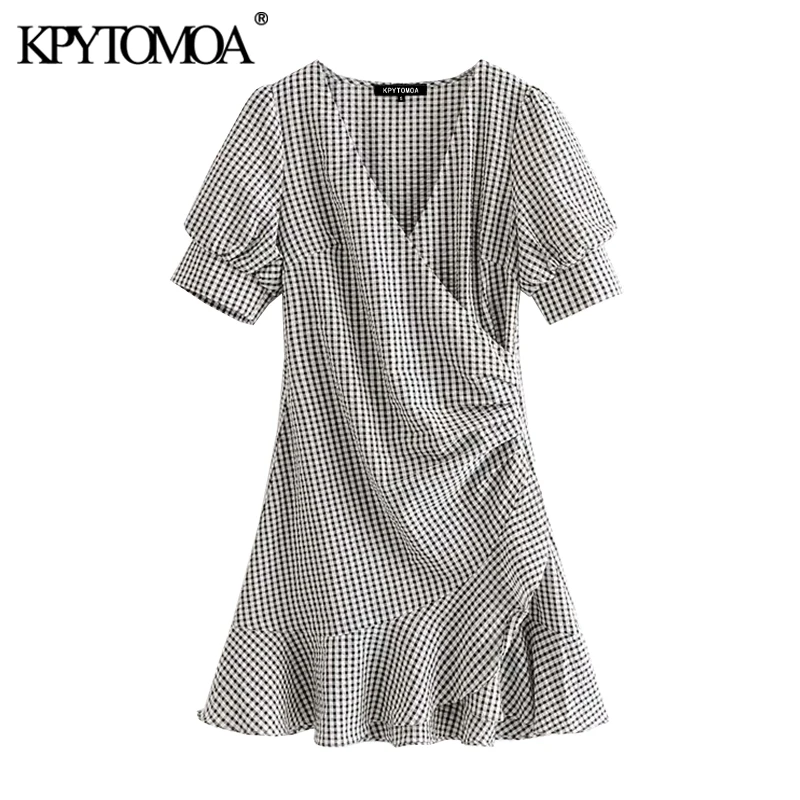 KPYTOMOA Women 2020 Chic Fashion Plaid Ruffled Wrap Mini Dress Vintage V Neck Puff Sleeves Female Dresses Vestidos Mujer
