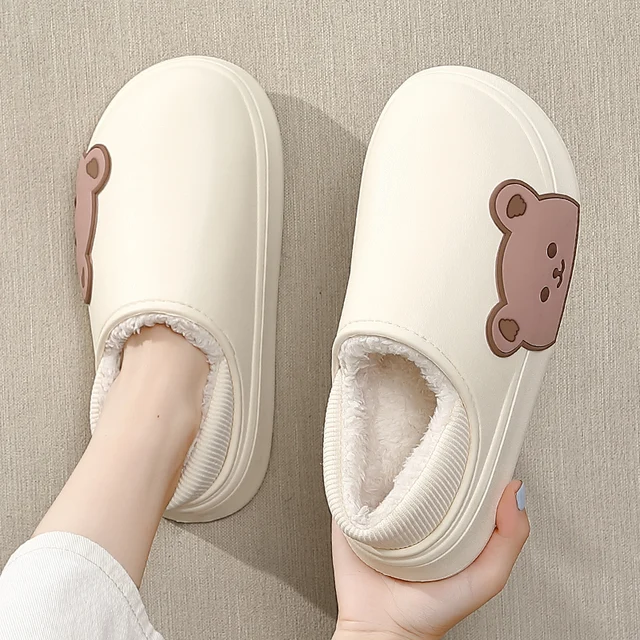 Home Winter Women Thick Platform Waterproof Non-Slip Rubber Slippers Warm Indoor Fur Cotton Men Couples Ladies Cartoon Shoes 1