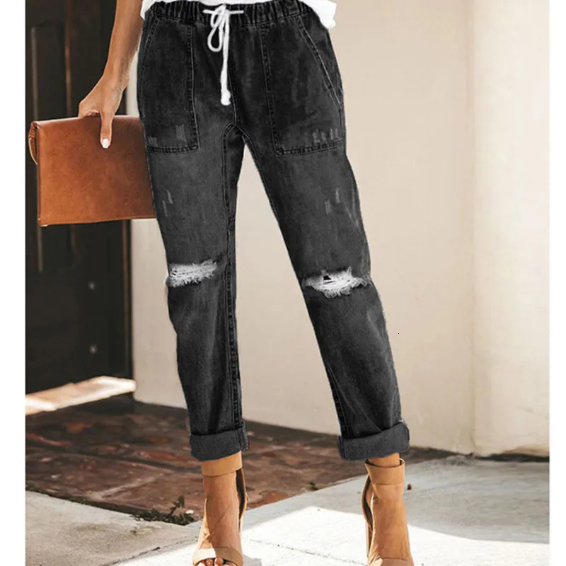 

Black Jeans Women's Elastic Waist Pants Denim Leisure Plus Size Streetwear Directly Holes Denim Pantalon Jean Femme