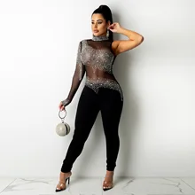 

Jumpsuit Women Sheer Mesh Diamonds Sequined Pearls High Split Straps Bodycon Sexy Jumpsuit Vestidos Night Party Jumpsuits