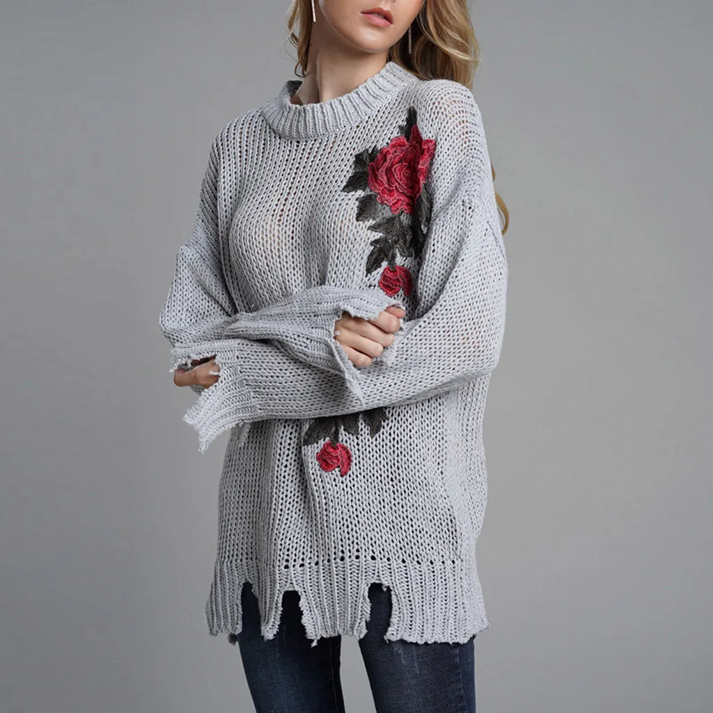 Womail sweater winter tops for women Floral Print Long Sleeve O-Neck Embroidered  sweater women women winter tops 816#2