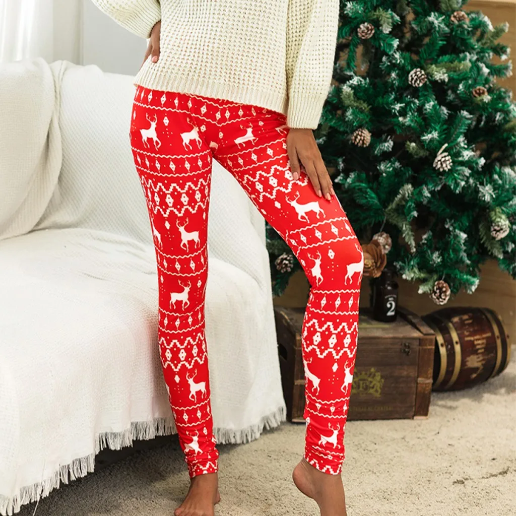 Рождественские лосины с изображением лося Для женщин рождественские, с принтом Высокая Талия Эластичные леггинсы Повседневное Фитнес брюки Для женщин рождественские домашние леггинсы Mujer