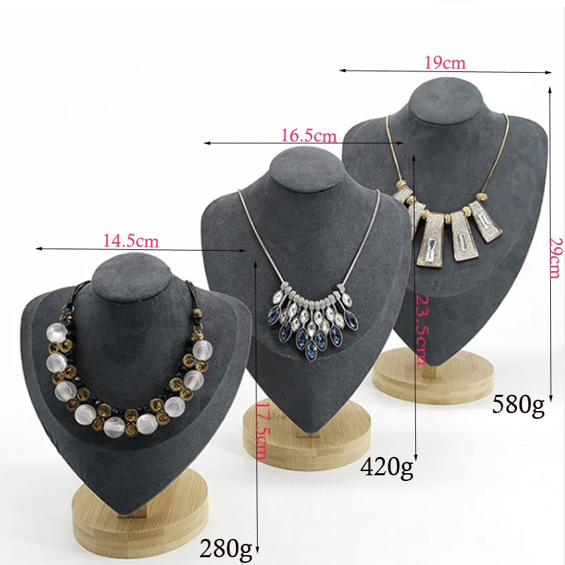 Fashion Hot Show 3 Options Model Wooden Beige Velvet Jewlery Display Necklaces Bust Pendants Stand Choker Holder Jewlery Rack