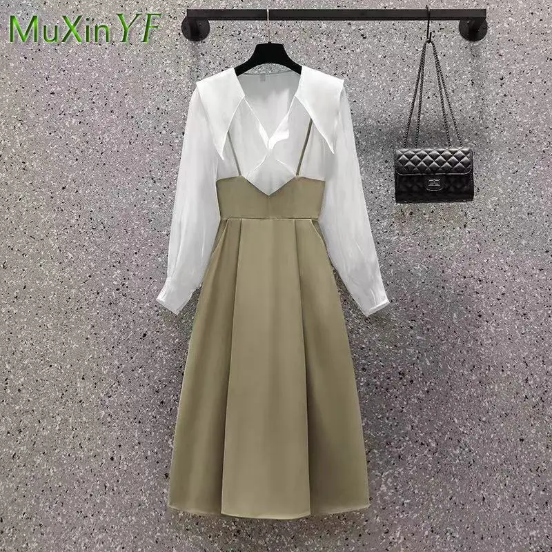 Women Elegant Slim White Shirt Dress Set 2021 Autumn New Slim Midi Skirt Suit French Vintage Blouse Suspender Skirts Two-piece