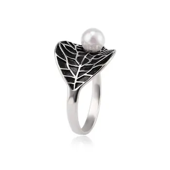 

Punk Style Thai Silver Leaf Rings With Pearl Embellished For Women Statement Jewelry Finger Ring 925 Sterling Silver S-R89