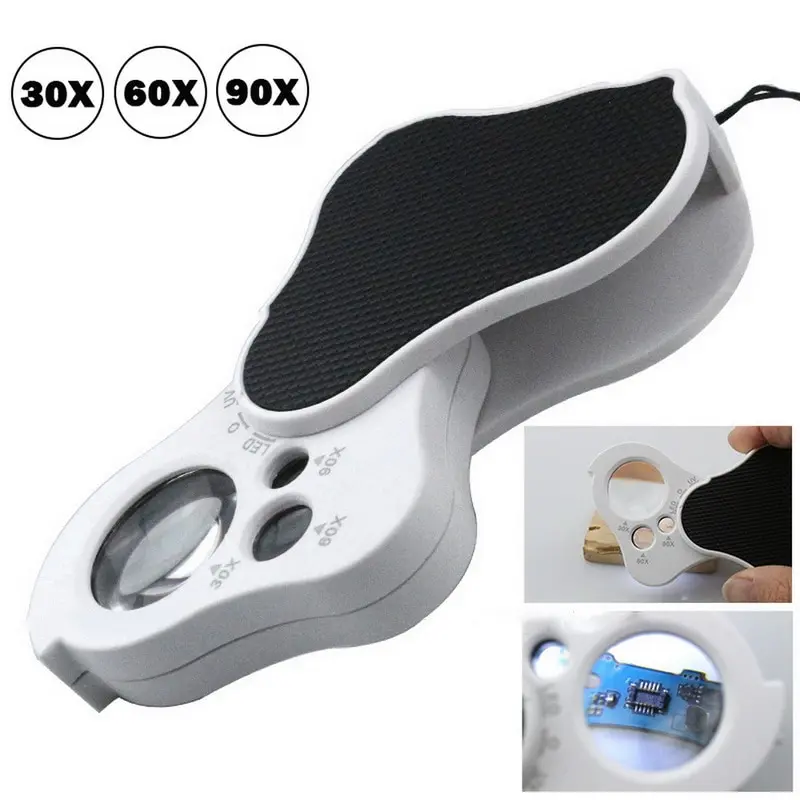 

30X 60X 90X Jewelers Foldable Pocket Magnifier Magnifying Glass with LED Light and UV Light