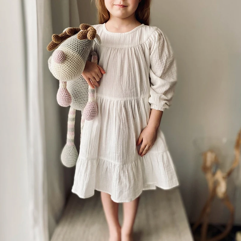 100% Cotton Girls Tiered Ruffle Dress Spring Autumn New Children Casual Loose Long-Sleeve White Sweet Princess Dresses TZ78 fashion baby girl skirt