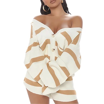 

Women’s Two Piece Outfits, Long Sleeve V Neck Striped Button Down Cardigan and Shorts Set
