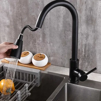 

Xuiqin Kitchen Faucets Blacked Single Handle Pull Out Kitchen Tap Single Hole Swivel 360 Degree Cold And Hot Water Mixer Tap