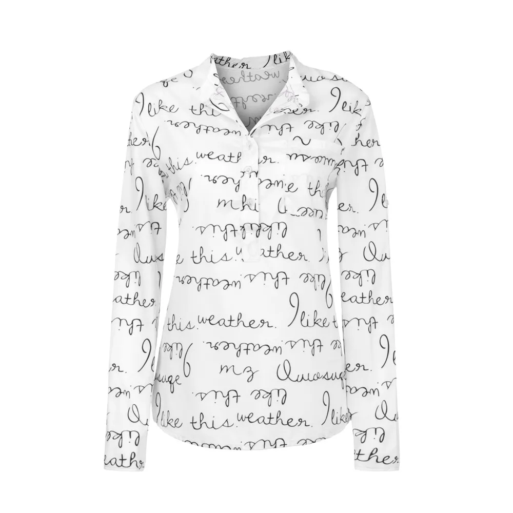 Блузка Для женщин с длинными рукавами и буквенным принтом, Для женщин s Топы и блузки Плюс Размеры пуговицах с v-образным вырезом Женские топы туника с рукавами три четверти De Moda