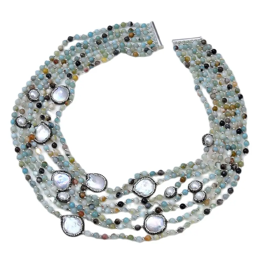 GG Jewelry 7 нитей 22 "-30" граненые круглые стразы амазонита проложить белый жемчуг