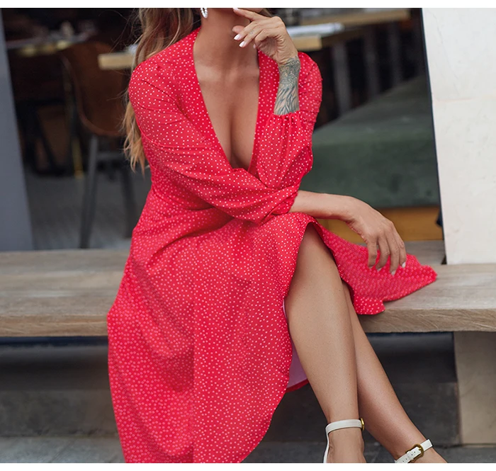 Southpire Sexy Red Long Dress For Women Dot Printing Deep V-neck A-line Dress Elegant Spring Summer Party Vestidos