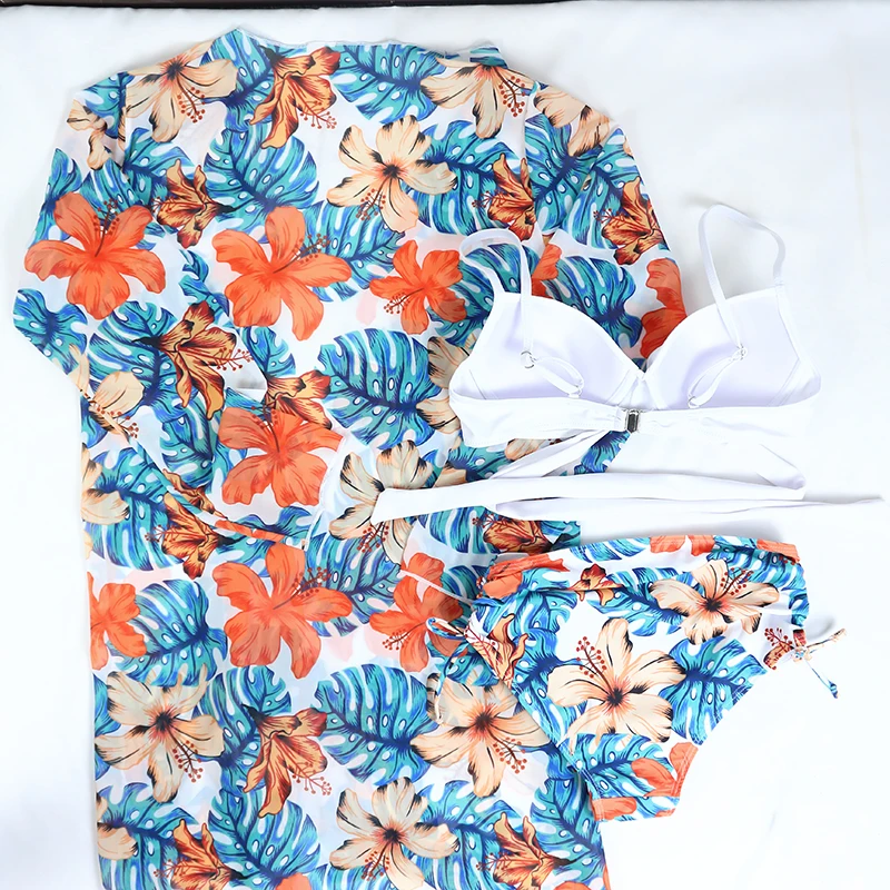 orange bikini set High Waist 3 Piece Bikini Set With Cover Up 2022 Swimsuit Women Print Long Sleeve Bathing Suit Beachwear Swimming Biquini New strapless bikini set