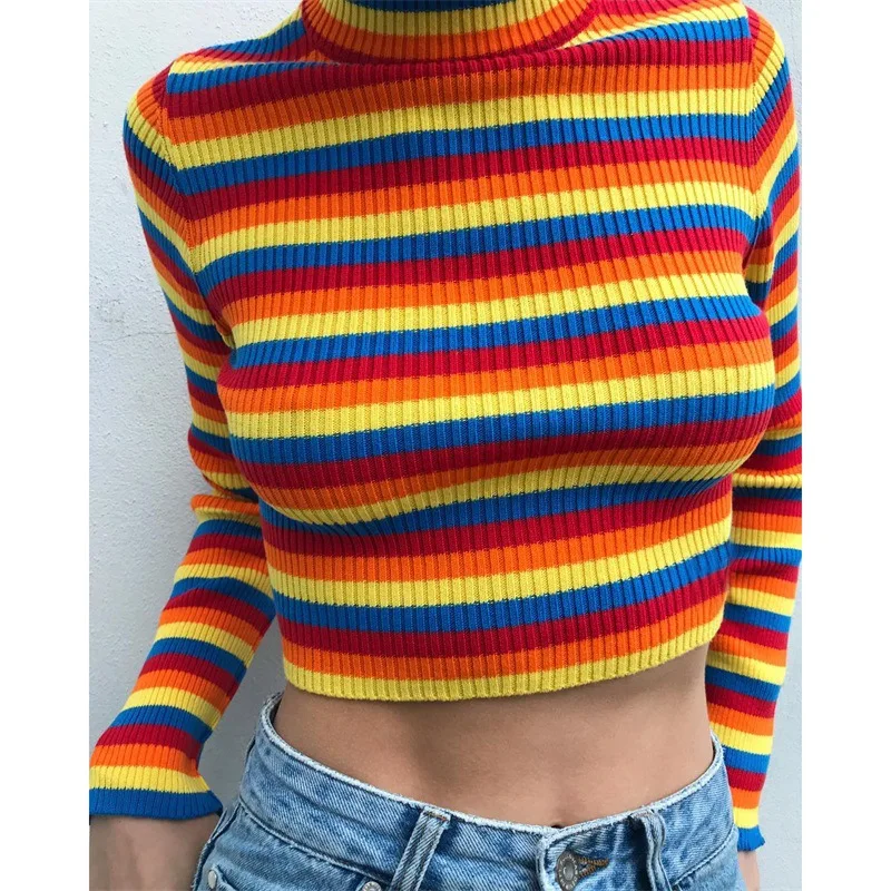 

elegant rainbow stripe crop top sweater women korean autumn winter 2019 fashion female casual loose aesthetic pullover knitted