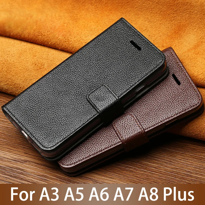 Кожаный флип чехол для телефона Samsung A5 A6 + A7 2017 A8 plus A9 2018 из воловьей кожи с