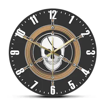 

Pirate Ship Captain's Wheel Skull Wall Clock Nautical Pirate Steering Wheel Marine Skull Head Clock Wall Watch Horror Art Decor