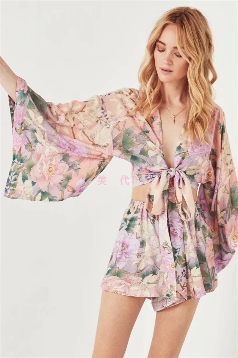 Boho Queens каштановых женские рисунком подъемного крана комплекты одежды с поясом в