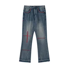 Pantalones vaqueros desgastados con bordado geométrico para hombre, pantalón de estilo Hip Hop, con bordes rugosos, rectos, informales, 2021