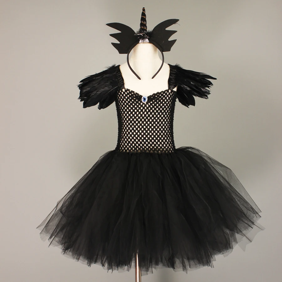 Fallen Angel Dark Gothic Black Halloween Tutu Dress Glitter Wings Girls Halloween Evening Party Ball Gown Evil Witch Costume (12)