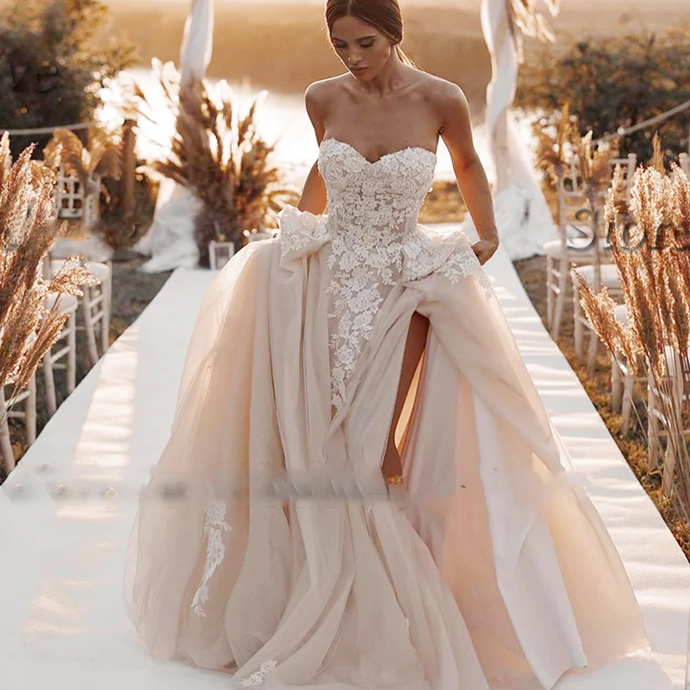 affordable wedding dresses Vintage Beach Champagne 2022 Slit Tulle Wedding Dress For Bride Strapless Floor Length Bridal Gown Corset Back Robe De Mairee tea length wedding dress