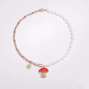 

INS Blogger Hot Recommend Fun Rhinestone Paved Small Mushroom Pendant Necklace Daisy Charm Chain Choker Jewelry