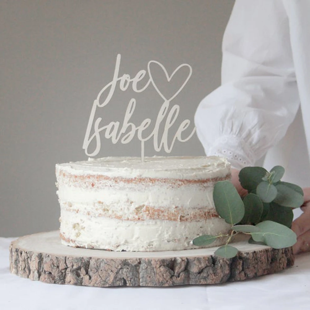 Personalized Wedding Cake Topper With Heart & First Names, Love Heart Wedding Wood Cake Topper, Custom Gold Wedding Cake Topper