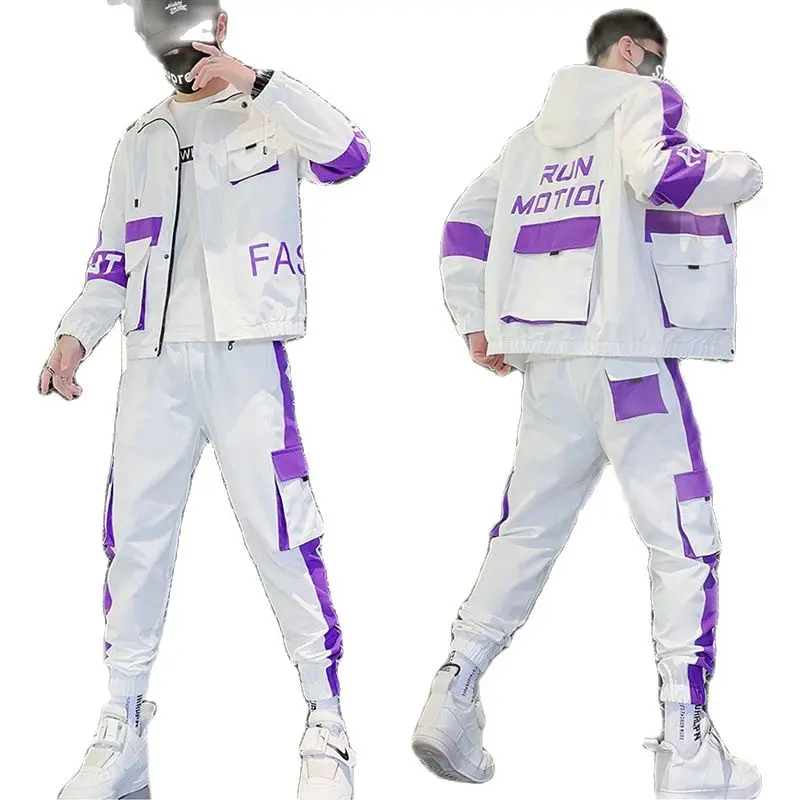 2021 Men Fashion Tracksuit Spring Autumn 2PC Sweatshirt +Sweatpants Set New Patchwork Slim Fit Sweat Suits | Мужская одежда
