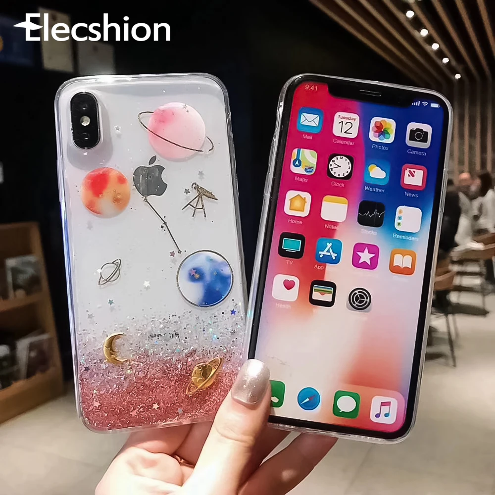 

Luxury Bling Case For iPhone 7 8 Plus XR XS MAX Glitter Planet Moon Soft Silicone Case For iPhone Xs X 8 7 6 6s Plus Cover Capa