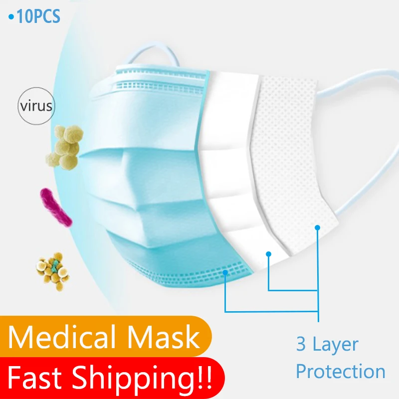 

50 Pcs 3 Layer Face Mouth Masks Disposable Protective Face Mask Anti-Coronavirus Influenza Bacterial Non-Woven Mask Safety Mask