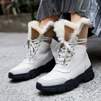 

Female Snow Boots 2018 Fashion Winter black Shoes Ladies Warm Boots Genuine Leather with Fur Flat Platform Women Ankle Boot35-42