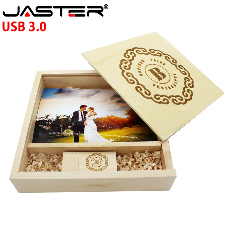 JASTER с логотипом по индивидуальному заказу, деревянная USB 3,0 photo memory stick+ коробка usb flash drive 4 ГБ 8 ГБ 16 ГБ 32 ГБ 64 ГБ Флешка U диск свадебный подарок