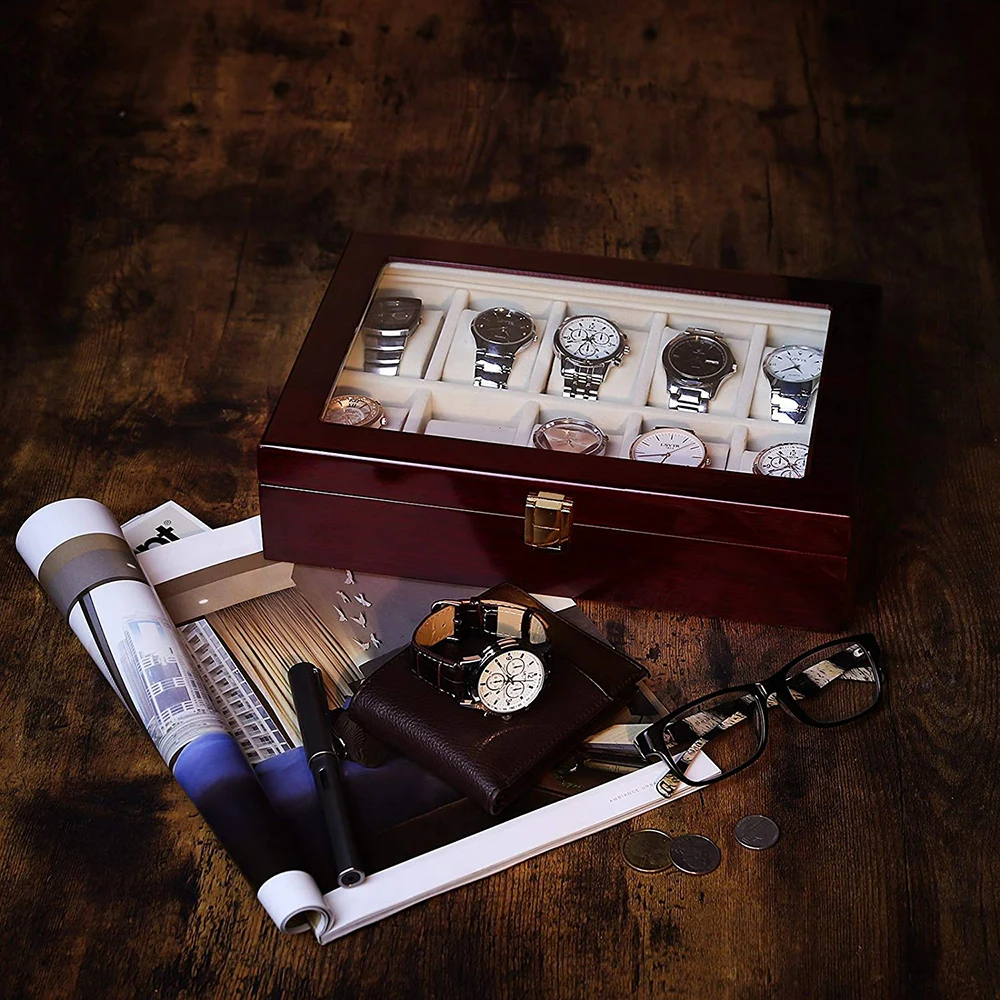 Cena Luksusowe drewniane pudełko na zegarek uchwyt na zegarek pudełko do zegarków mężczyzna szklanym wieczkiem organizator na biżuterię 2 3 5 12 siatki organizator zegarków nowy D40