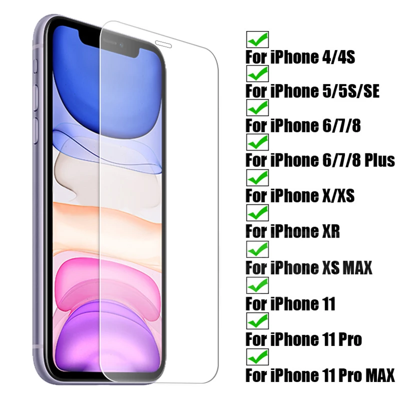 Защитная пленка 9H для iPhone 4 4S 5 5S SE X XS XR Max Передняя 6 6S 7 8 Plus 11 12 Pro Mini закаленное