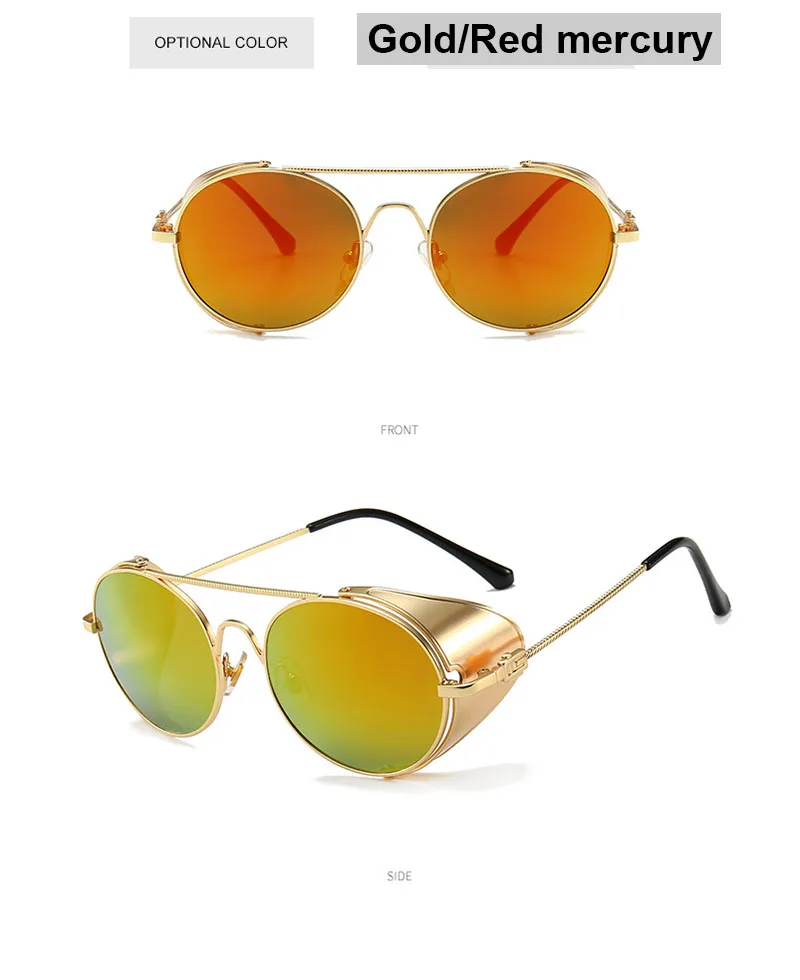 Новинка, винтажные Роскошные стимпанк Солнцезащитные очки для женщин и мужчин, кожаные боковые защитные металлические круглые солнцезащитные очки в стиле панк, зеркальные очки