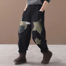 QPFJQD женские джинсы с вышивкой звезды зимние Бархатные теплые свободные джинсовые штаны новые хлопковые флисовые штаны с эластичной талией лоскутные брюки черные