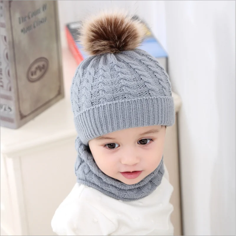 Шарф и шапка s, шапка из искусственного меха с помпоном, вязаная крючком зимняя шапка для мальчиков и девочек, детская шапка, детские шапки 0-36 месяцев