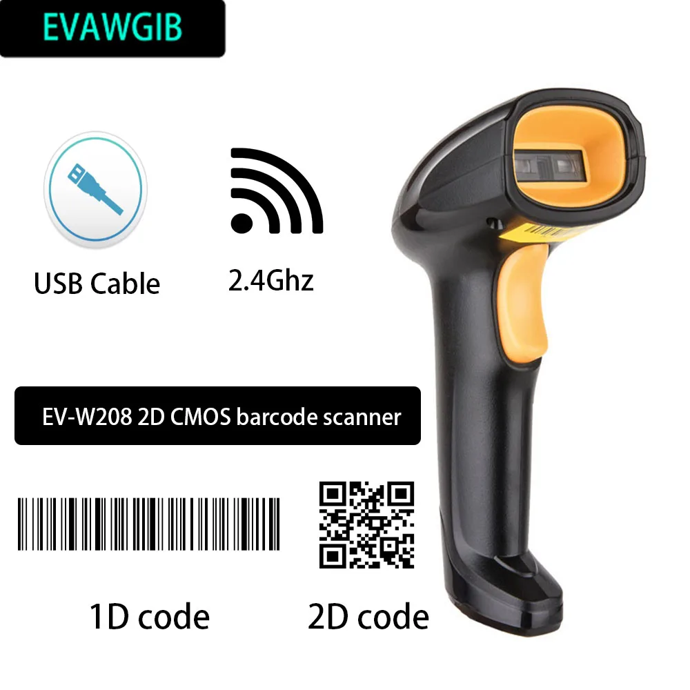 EVAWGIB – scanner de codes à barres 1D sans fil, Bluetooth EV-WJ08, lecteur de codes à barres QR 2D, PDF417, pour IPAD IOS et Android, EV-B208