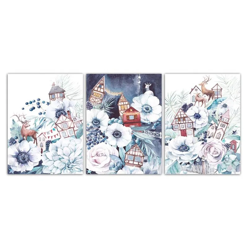 

Cartoon Castle Pictures Nordic Style Charming Flowers Deer For Modern Top-Rated Canvas Print Living Room Home Wall Art Decor