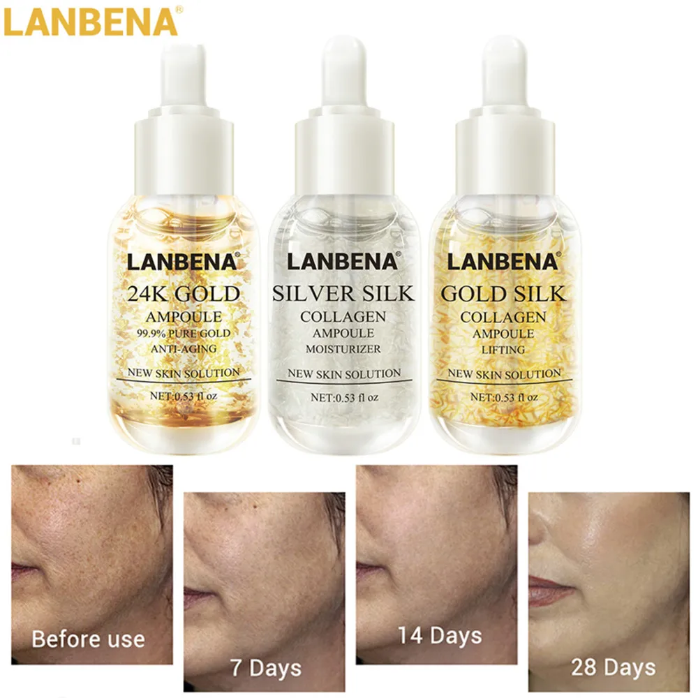 

LANBENA Collagen Ampoule Anti-Aging Serum 24K Gold+Silver Silk +Gold Silk Lighten Spots Moisturizing Whitening Firming Skin Care