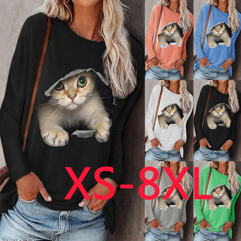 2021 Fashion Ladies Round Neck Pullover Cat Long Sleeve T-Shirt Casual Printed Autumn Cotton Long Ladies Shirt Fashion Loose Top summer crop top Tees