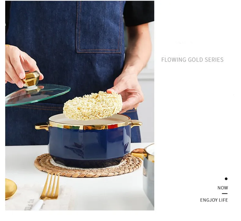 Gold Inray Instant Noodle Bowl Ceramic Nordic Eramic Ramen Bowl Large Soup Bowl Noodle Bowl Household Beef Noodle Bowl with Lid