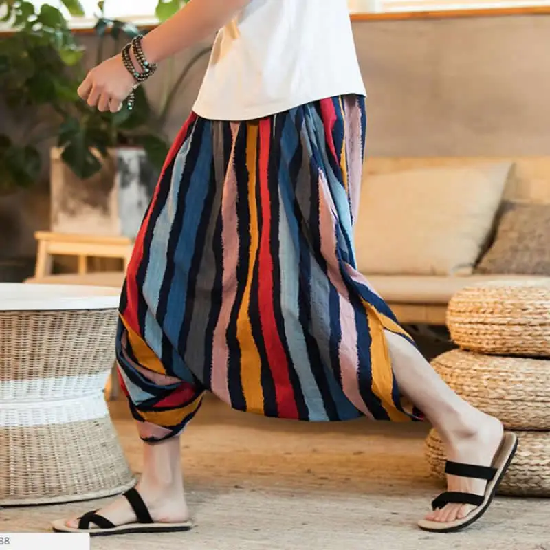 Men Summer Wide Leg Pants Bloomers Joggers Casual Loose Harem Pants Big Cross-Pants Hip hop Men Indian Nepal Baggy Pants S